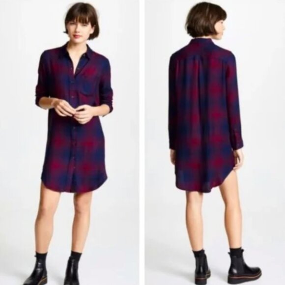 Rails Bianca Plaid Lightweight Fall Navy & Burgundy Button Down Shirt Dress - Picture 6 of 7